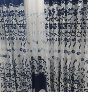 Wholesale blue floral embroidered sheer curtain fabric with elegant drape for luxury hotel projects