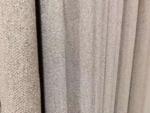 Contact Us 7 Close-Up Texture Of 1300G Heavyweight Faux Linen Blackout Curtain Fabric With High Shading Performance.